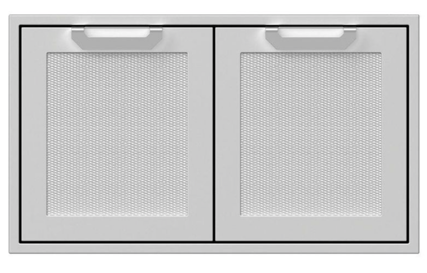 Hestan 36" Double Door Storage Cabinet, Marquise Front Panels; Left Side holds slide out for LP Tank or Trash Receptacle; Right Side is Enclosed w/ Adjustable Wire Shelf